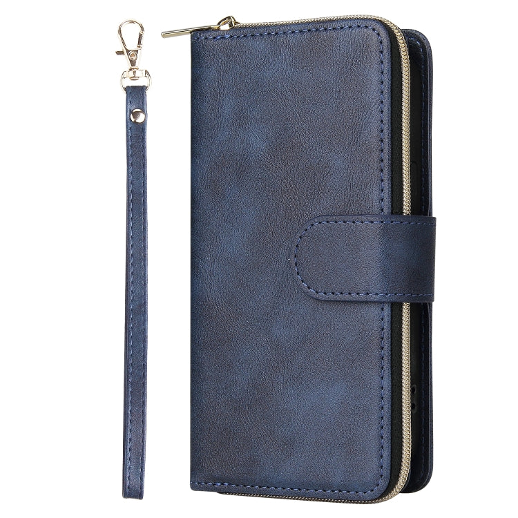 For iPhone 14 9 Card Slots Zipper Wallet Bag Leather Phone Case (Blue) - iPhone 14 Cases by buy2fix | Online Shopping UK | buy2fix