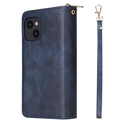 For iPhone 14 9 Card Slots Zipper Wallet Bag Leather Phone Case (Blue) - iPhone 14 Cases by buy2fix | Online Shopping UK | buy2fix