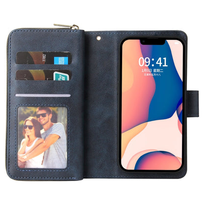 For iPhone 14 9 Card Slots Zipper Wallet Bag Leather Phone Case (Blue) - iPhone 14 Cases by buy2fix | Online Shopping UK | buy2fix