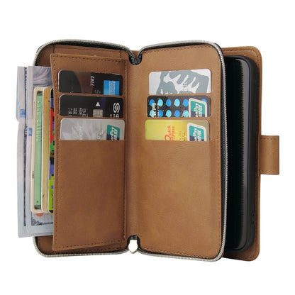 For iPhone 14 9 Card Slots Zipper Wallet Bag Leather Phone Case (Brown) - iPhone 14 Cases by buy2fix | Online Shopping UK | buy2fix