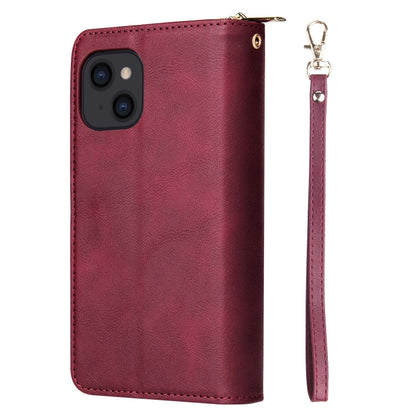 For iPhone 14 9 Card Slots Zipper Wallet Bag Leather Phone Case (Wine Red) - iPhone 14 Cases by buy2fix | Online Shopping UK | buy2fix