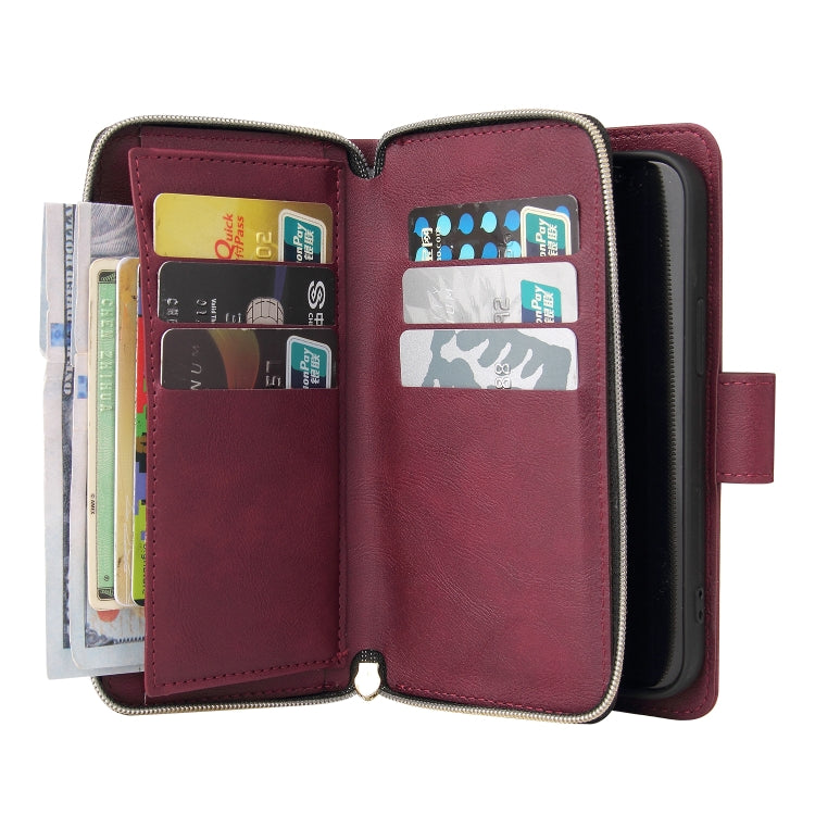For iPhone 14 9 Card Slots Zipper Wallet Bag Leather Phone Case (Wine Red) - iPhone 14 Cases by buy2fix | Online Shopping UK | buy2fix