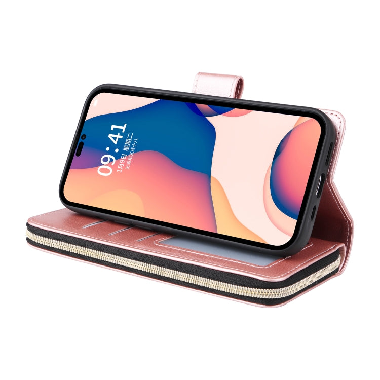 For iPhone 14 Pro Max 9 Card Slots Zipper Wallet Bag Leather Phone Case (Rose Gold) - iPhone 14 Pro Max Cases by buy2fix | Online Shopping UK | buy2fix