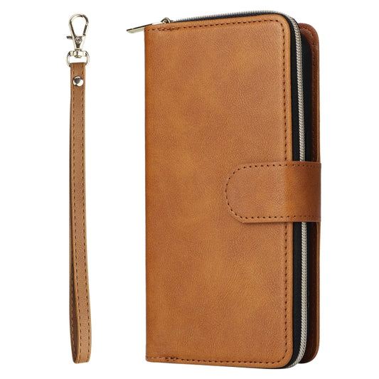 For iPhone 14 Pro Max 9 Card Slots Zipper Wallet Bag Leather Phone Case (Brown) - iPhone 14 Pro Max Cases by buy2fix | Online Shopping UK | buy2fix