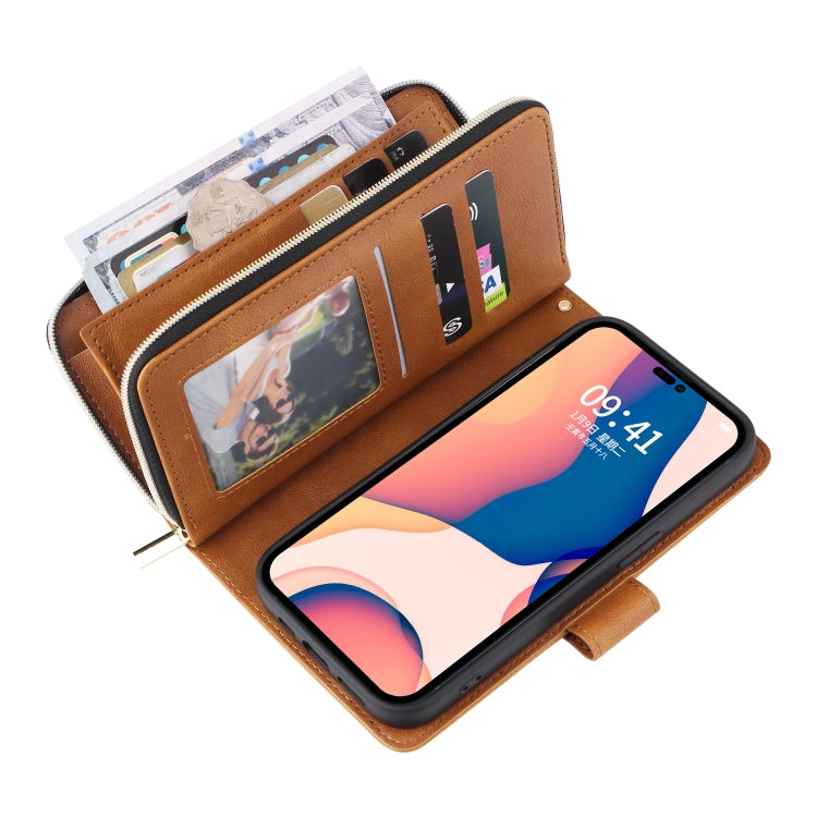 For iPhone 14 Pro Max 9 Card Slots Zipper Wallet Bag Leather Phone Case (Brown) - iPhone 14 Pro Max Cases by buy2fix | Online Shopping UK | buy2fix