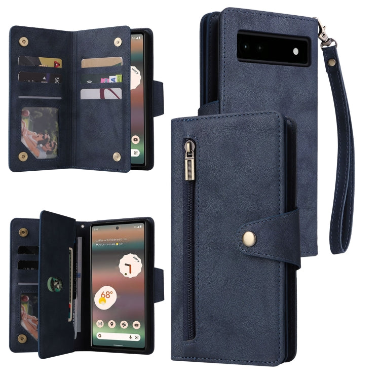 For Google Pixel 6a Rivet Buckle 9 Cards Three Fold Leather Phone Case(Blue) by buy2fix