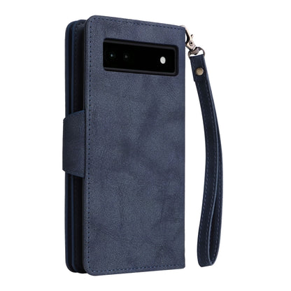 For Google Pixel 6a Rivet Buckle 9 Cards Three Fold Leather Phone Case(Blue) by buy2fix