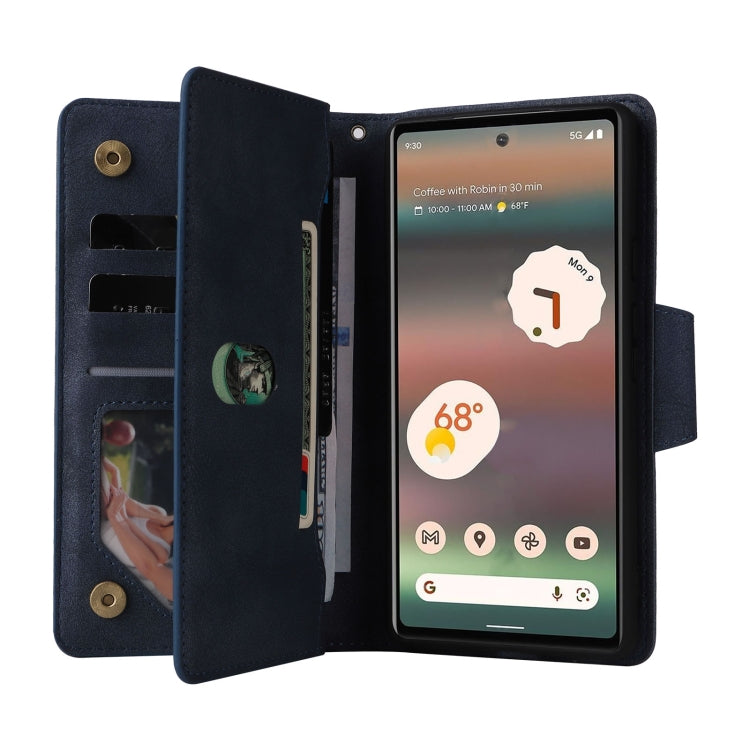 For Google Pixel 6a Rivet Buckle 9 Cards Three Fold Leather Phone Case(Blue) by buy2fix