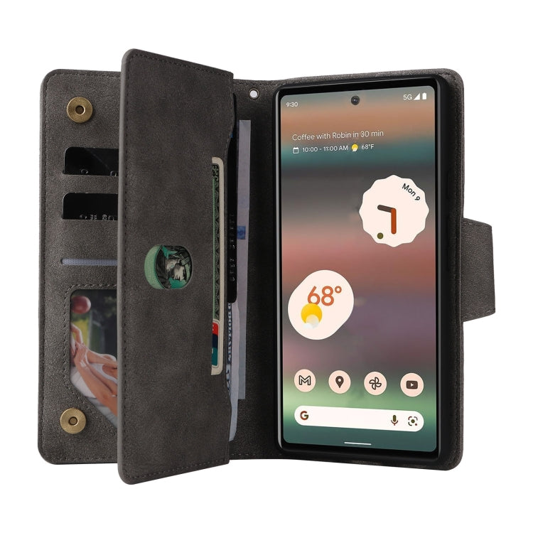 For Google Pixel 6a Rivet Buckle 9 Cards Three Fold Leather Phone Case(Grey) by buy2fix