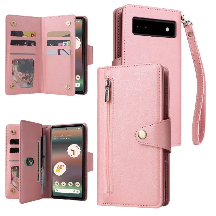 For Google Pixel 6a Rivet Buckle 9 Cards Three Fold Leather Phone Case(Rose Gold) by buy2fix