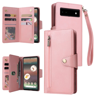 For Google Pixel 6a Rivet Buckle 9 Cards Three Fold Leather Phone Case(Rose Gold) by buy2fix