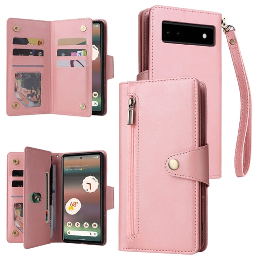 For Google Pixel 6a Rivet Buckle 9 Cards Three Fold Leather Phone Case(Rose Gold) by buy2fix