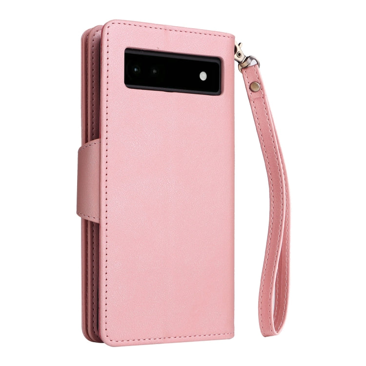 For Google Pixel 6a Rivet Buckle 9 Cards Three Fold Leather Phone Case(Rose Gold) by buy2fix