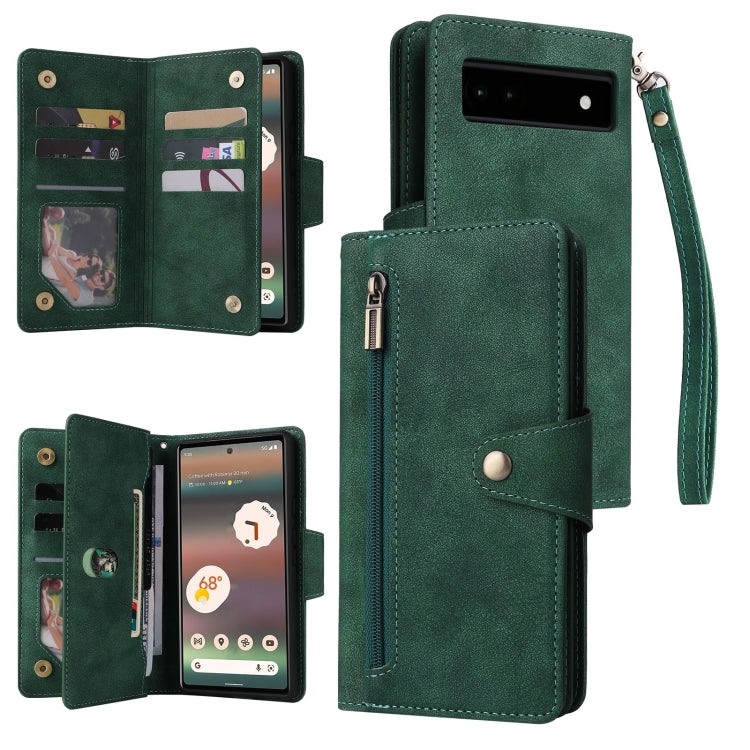 For Google Pixel 6a Rivet Buckle 9 Cards Three Fold Leather Phone Case(Green) by buy2fix