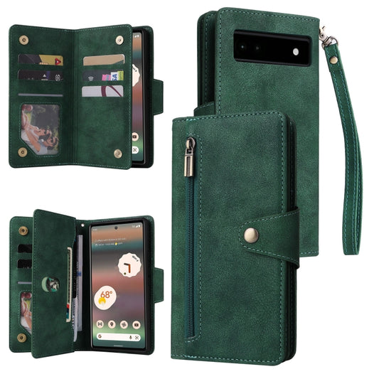 For Google Pixel 6a Rivet Buckle 9 Cards Three Fold Leather Phone Case(Green) by buy2fix