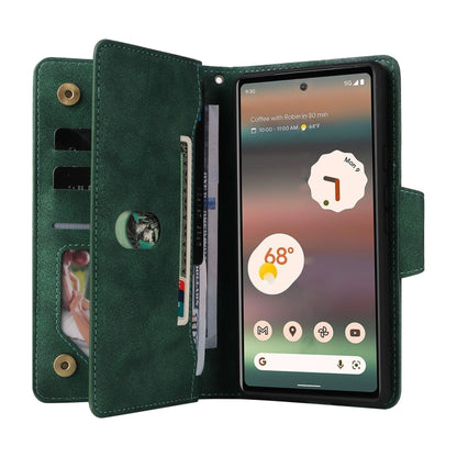 For Google Pixel 6a Rivet Buckle 9 Cards Three Fold Leather Phone Case(Green) by buy2fix