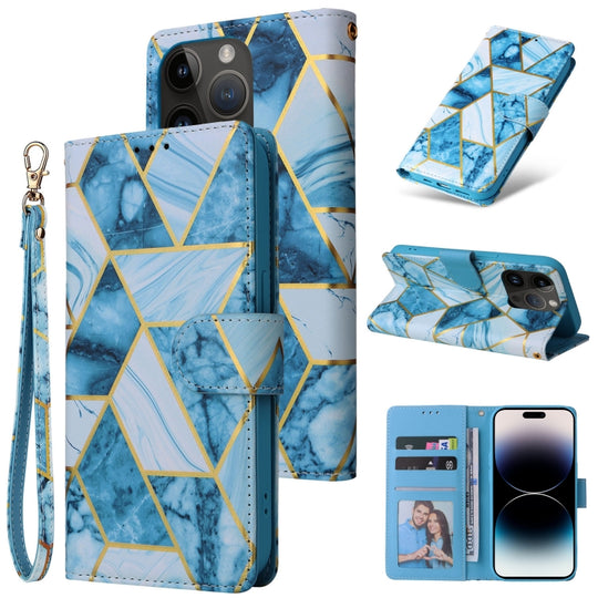 For iPhone 14 Pro Max Marble Bronzing Stitching Horizontal Flip PU Leather Case (Blue)