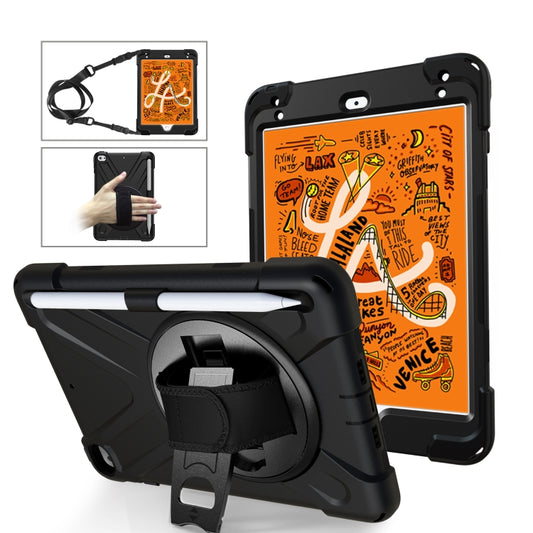 For iPad Mini 5 360 Degree Rotation Silicone Protective Cover with Holder & Hand Strap & Long Strap & Pencil Slot(Black) - iPad mini (2019) / mini 5 Cases by buy2fix | Online Shopping UK | buy2fix