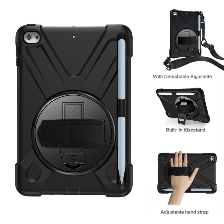 For iPad Mini 5 360 Degree Rotation Silicone Protective Cover with Holder & Hand Strap & Long Strap & Pencil Slot(Black) - iPad mini (2019) / mini 5 Cases by buy2fix | Online Shopping UK | buy2fix