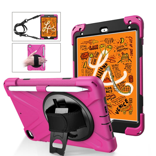 For iPad Mini 5 360 Degree Rotation Silicone Protective Cover with Holder & Hand Strap & Long Strap & Pencil Slot(Rose Red) - iPad mini (2019) / mini 5 Cases by buy2fix | Online Shopping UK | buy2fix
