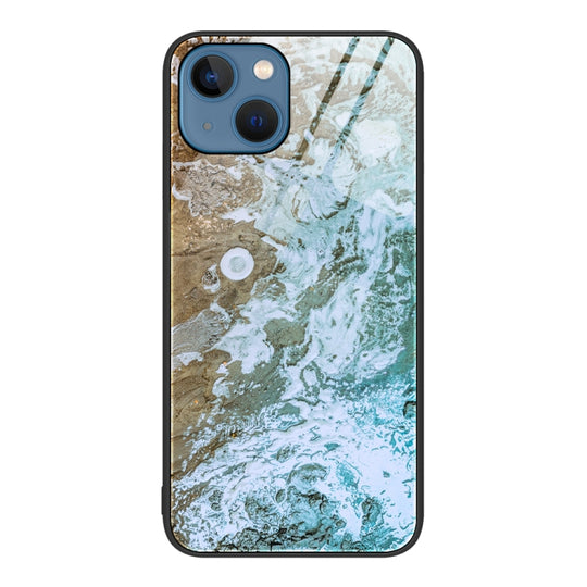 For iPhone 14 Marble Pattern Glass Protective Phone Case (Beach)