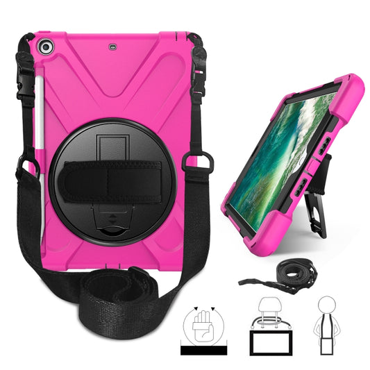 For iPad 9.7 (2018) & (2017) 360 Degree Rotation Silicone Protective Cover with Holder & Hand Strap & Long Strap & Pencil Slot(Rose Red) - iPad 9.7 (2018) & (2017) Cases by buy2fix | Online Shopping UK | buy2fix