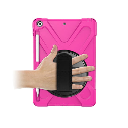 For iPad 9.7 (2018) & (2017) 360 Degree Rotation Silicone Protective Cover with Holder & Hand Strap & Long Strap & Pencil Slot(Rose Red) - iPad 9.7 (2018) & (2017) Cases by buy2fix | Online Shopping UK | buy2fix