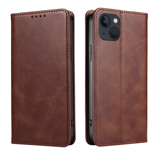 For iPhone 14 Plus Calf Texture Magnetic Flip Leather Phone Case (Brown)