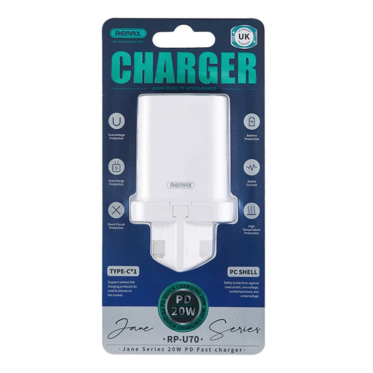 REMAX RP-U70 Jane Series 20W USB-C/Type-C PD Fast Charger, Specification:UK Plug(White) - USB Charger by REMAX | Online Shopping UK | buy2fix