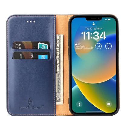 For iPhone 14 Fierre Shann PU Genuine Leather Texture Leather Phone Case (Blue) - iPhone 14 Cases by FIERRE SHANN | Online Shopping UK | buy2fix