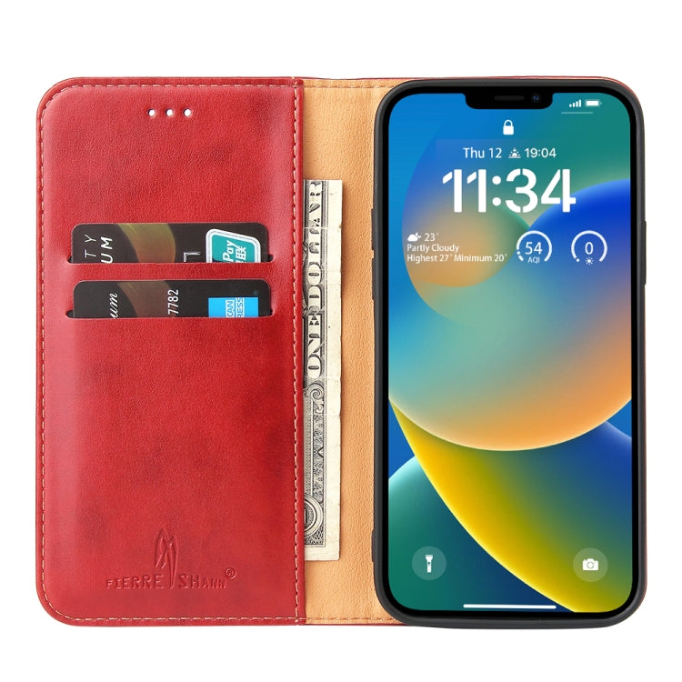 For iPhone 14 Fierre Shann PU Genuine Leather Texture Leather Phone Case (Red) - iPhone 14 Cases by FIERRE SHANN | Online Shopping UK | buy2fix