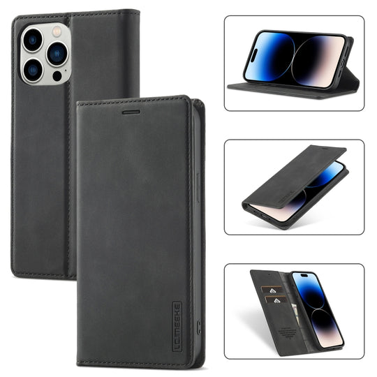 For iPhone 14 Pro Max LC.IMEEKE Strong Magnetic Leather Phone Case with Holder & Card Slots & Wallet (Black)