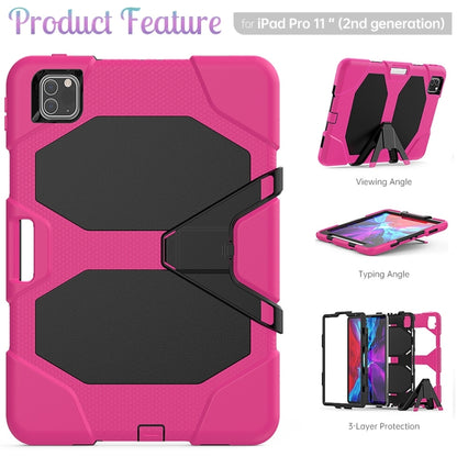 For iPhone 11 Pro For iPad Pro 11 inch (2020) Shockproof Colorful Silicon + PC Protective Case with Holder & Shoulder Strap & Hand Strap & Pen Slot(Rose Red) - iPhone 11 Pro Cases by buy2fix | Online Shopping UK | buy2fix