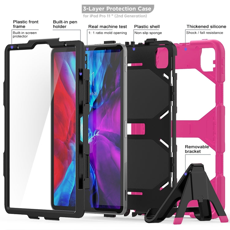 For iPhone 11 Pro For iPad Pro 11 inch (2020) Shockproof Colorful Silicon + PC Protective Case with Holder & Shoulder Strap & Hand Strap & Pen Slot(Rose Red) - iPhone 11 Pro Cases by buy2fix | Online Shopping UK | buy2fix