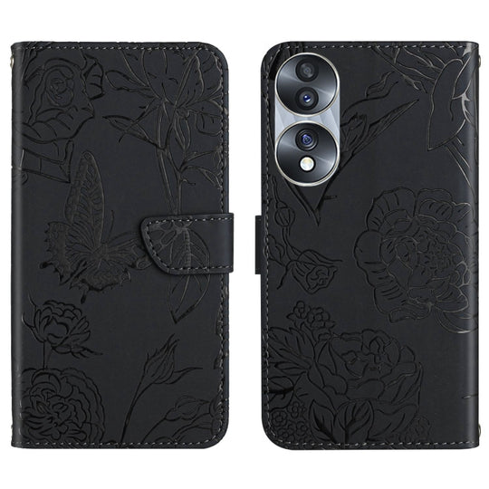 For Honor 70 HT03 Skin Feel Butterfly Embossed Flip Leather Phone Case(Black)