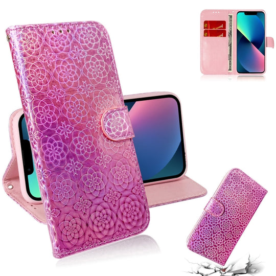 For iPhone 14 Plus Colorful Magnetic Buckle Leather Phone Case (Pink)