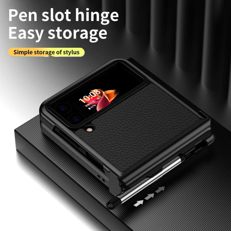 For Samsung Galaxy Z Flip3 5G Litchi Texture Leather Hinged Electroplated Phone Case with Pen(Black) - Galaxy Phone Cases by buy2fix | Online Shopping UK | buy2fix