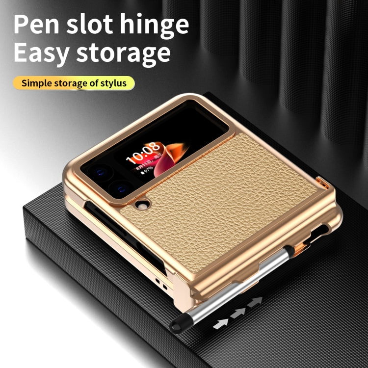 For Samsung Galaxy Z Flip3 5G Litchi Texture Leather Hinged Electroplated Phone Case with Pen(Gold) - Galaxy Phone Cases by buy2fix | Online Shopping UK | buy2fix