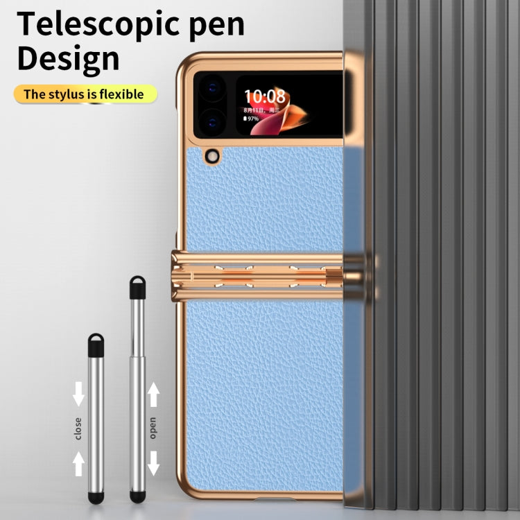 For Samsung Galaxy Z Flip3 5G Litchi Texture Leather Hinged Electroplated Phone Case with Pen(Gold Blue) - Galaxy Phone Cases by buy2fix | Online Shopping UK | buy2fix