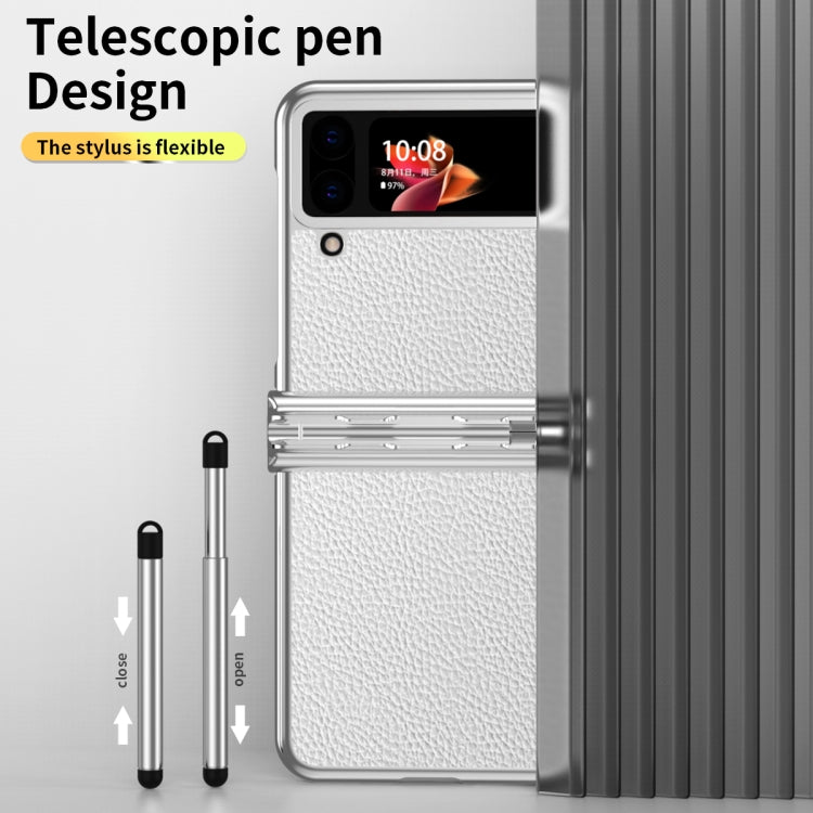 For Samsung Galaxy Z Flip3 5G Litchi Texture Leather Hinged Electroplated Phone Case with Pen(Silver White) - Galaxy Phone Cases by buy2fix | Online Shopping UK | buy2fix
