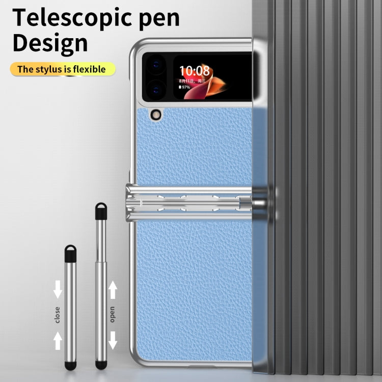 For Samsung Galaxy Z Flip3 5G Litchi Texture Leather Hinged Electroplated Phone Case with Pen(Silver Blue) - Galaxy Phone Cases by buy2fix | Online Shopping UK | buy2fix