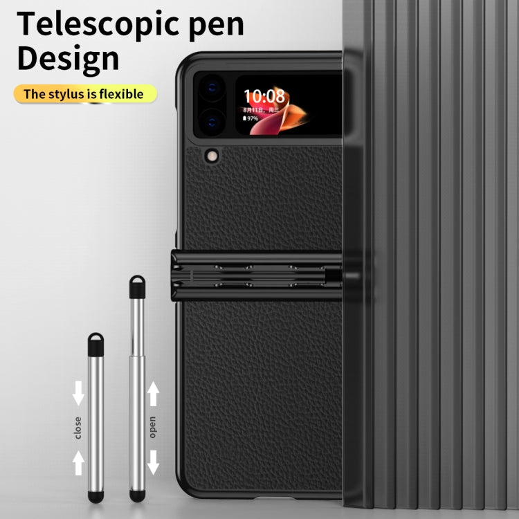 For Samsung Galaxy Z Flip4 Litchi Texture Leather Hinged Electroplated Phone Case with Pen(Black) - Galaxy Z Flip4 5G Cases by buy2fix | Online Shopping UK | buy2fix