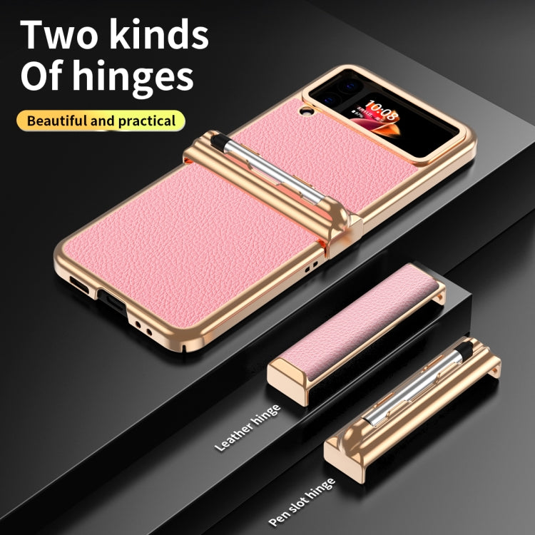 For Samsung Galaxy Z Flip4 Litchi Texture Leather Hinged Electroplated Phone Case with Pen(Gold Pink) - Galaxy Z Flip4 5G Cases by buy2fix | Online Shopping UK | buy2fix