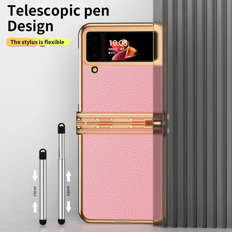 For Samsung Galaxy Z Flip4 Litchi Texture Leather Hinged Electroplated Phone Case with Pen(Gold Pink) - Galaxy Z Flip4 5G Cases by buy2fix | Online Shopping UK | buy2fix