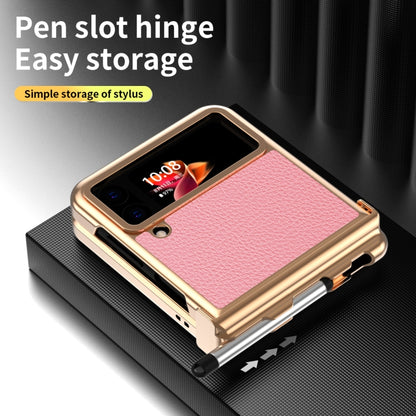 For Samsung Galaxy Z Flip4 Litchi Texture Leather Hinged Electroplated Phone Case with Pen(Gold Pink) - Galaxy Z Flip4 5G Cases by buy2fix | Online Shopping UK | buy2fix