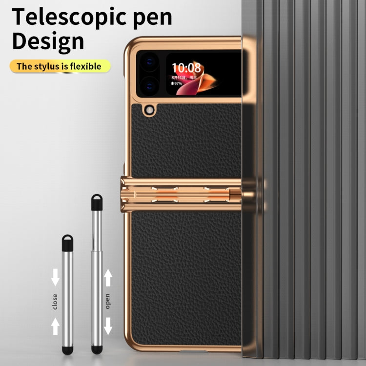For Samsung Galaxy Z Flip4 Litchi Texture Leather Hinged Electroplated Phone Case with Pen(Black Gold) - Galaxy Z Flip4 5G Cases by buy2fix | Online Shopping UK | buy2fix