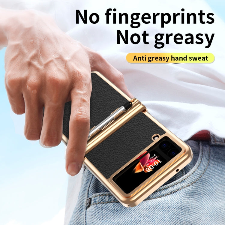 For Samsung Galaxy Z Flip4 Litchi Texture Leather Hinged Electroplated Phone Case with Pen(Black Gold) - Galaxy Z Flip4 5G Cases by buy2fix | Online Shopping UK | buy2fix