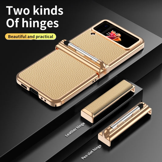 For Samsung Galaxy Z Flip4 Litchi Texture Leather Hinged Electroplated Phone Case with Pen(Gold) - Galaxy Z Flip4 5G Cases by buy2fix | Online Shopping UK | buy2fix