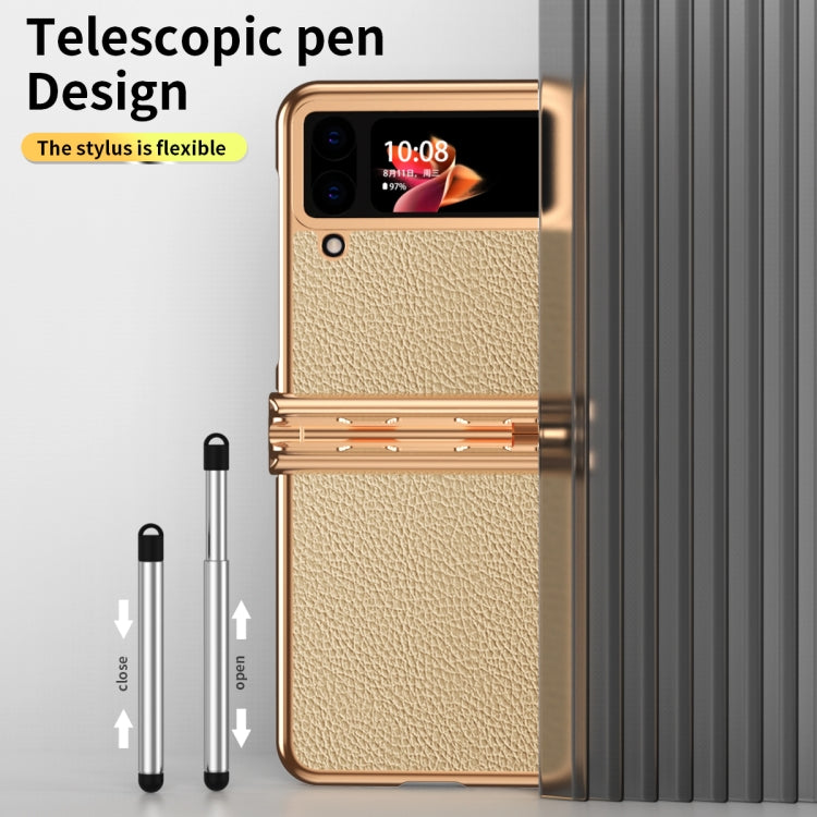 For Samsung Galaxy Z Flip4 Litchi Texture Leather Hinged Electroplated Phone Case with Pen(Gold) - Galaxy Z Flip4 5G Cases by buy2fix | Online Shopping UK | buy2fix