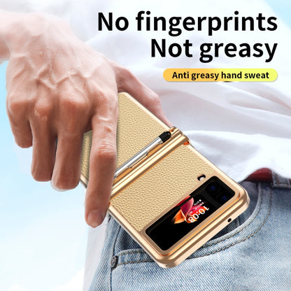 For Samsung Galaxy Z Flip4 Litchi Texture Leather Hinged Electroplated Phone Case with Pen(Gold) - Galaxy Z Flip4 5G Cases by buy2fix | Online Shopping UK | buy2fix